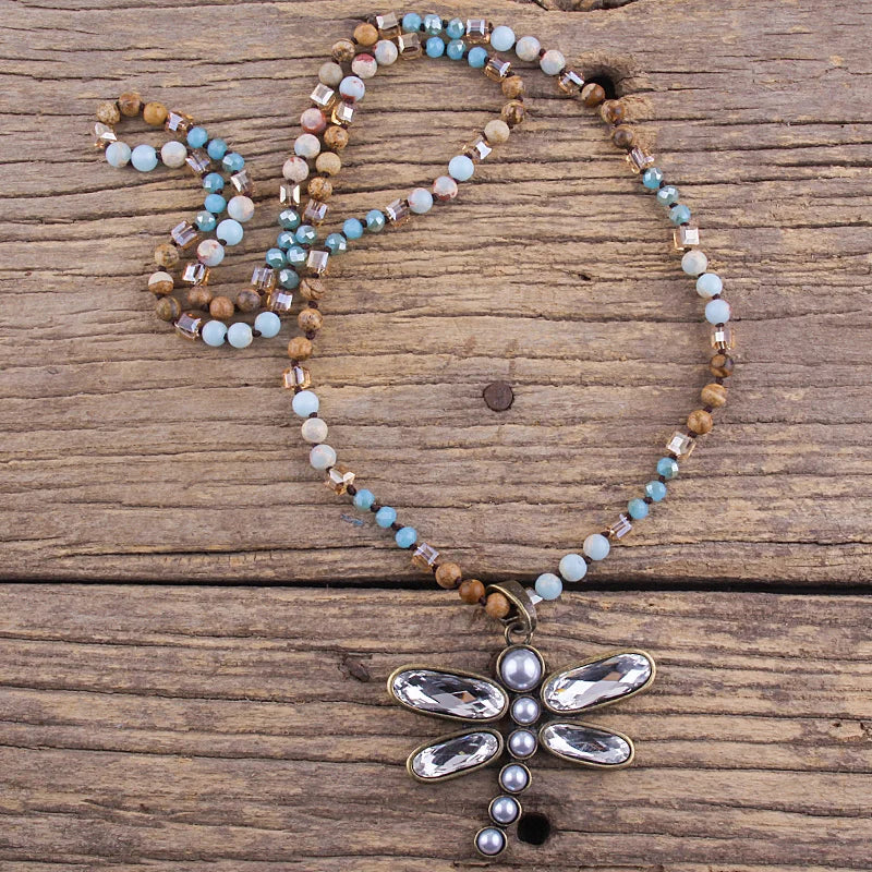 Dragonfly Long Knotted Stone Necklace Jewelry