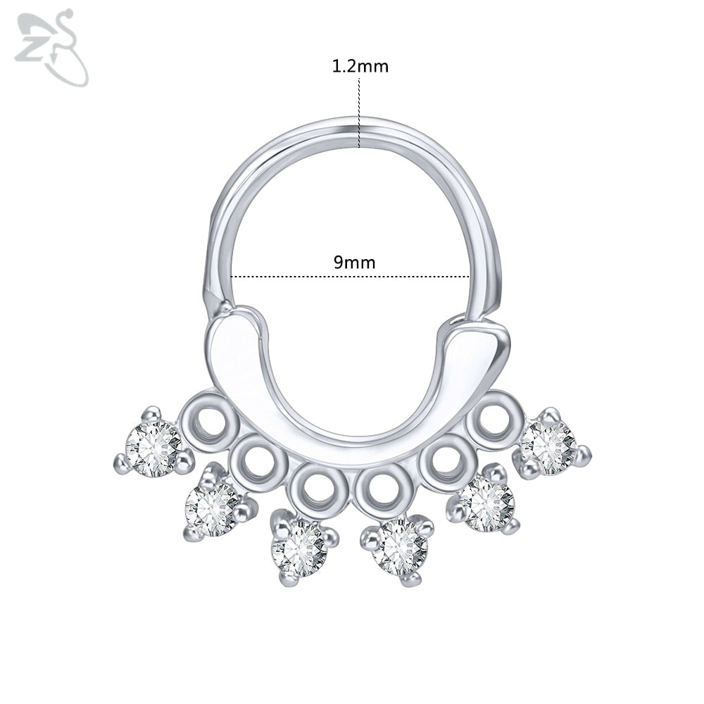 ZS 1 Piece 316L Stainless Steel Nose Ring 16G Zirconia Septum Clicker Rock Ear Helix Septum Piercing Rings Piercing Jewelry 8mm