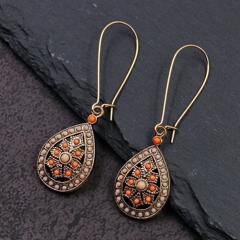 Exknl Fashion Vintage Drop Earrings For Women Alloy Crystal Ethnic Beads Boho Flower Earrings Colorful Dangle Earrings Jewelry