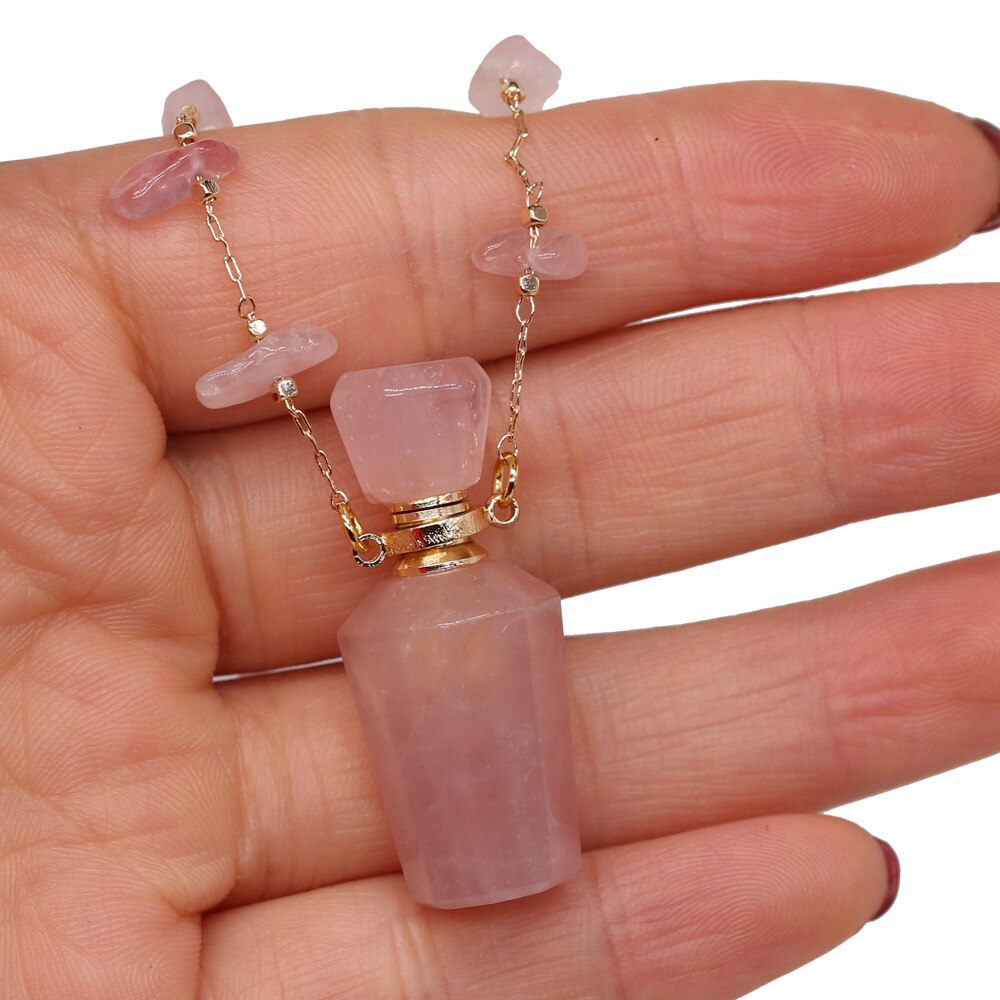 Natural Stone Perfume Bottle Necklace Pink Quartz Pendant Charms For Elegant Women Love Romantic Gift 60 CM