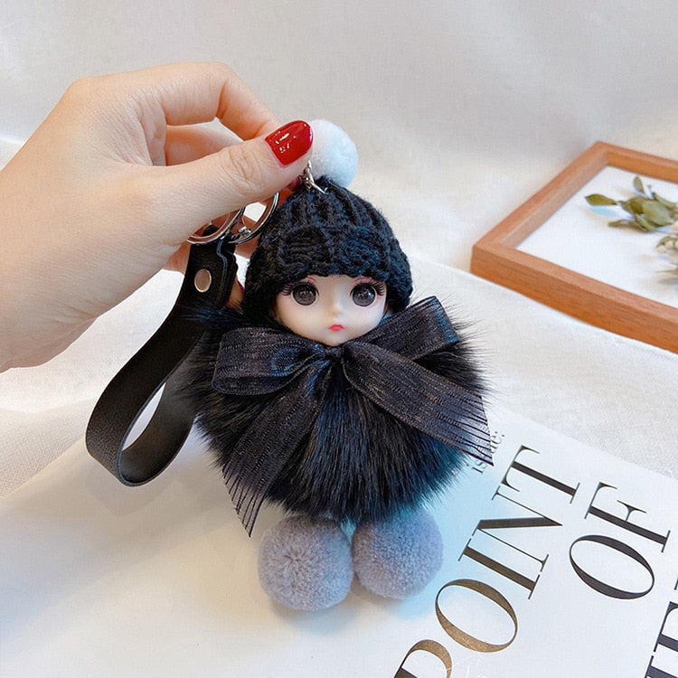Pompom Sleeping Baby Keychain Cute Fluffy Plush Doll Keychains Women Girl Bags Keyrings Cars Key Ring Gift Charming Decoration