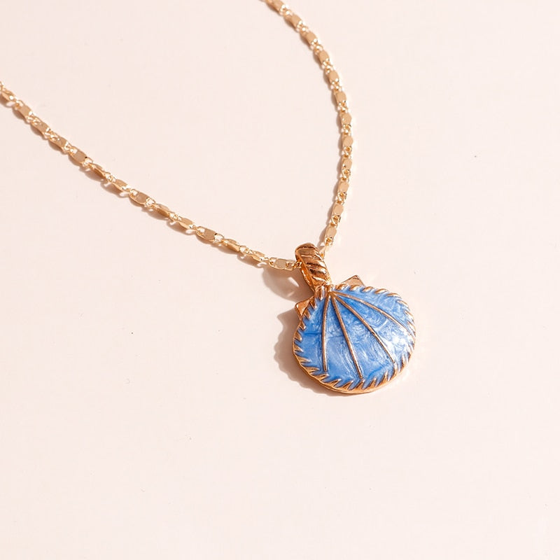 Novelty Pink Blue Enamel Fan Shell Pendants Necklaces Gold Color Chain Choker Necklace for Women Summer Beach Party Jewelry - Charlie Dolly