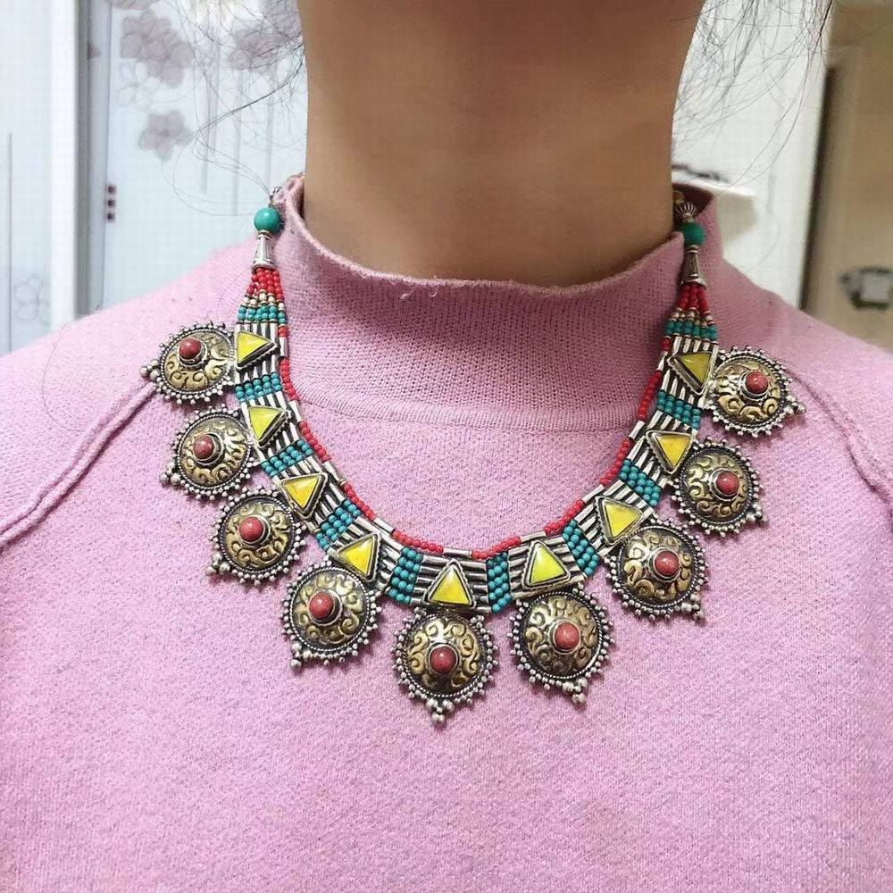 Nk246 Nepal India Jewelry Ethnic Mini Turquoises Beads Multi Brass Charm Strand Fashion Necklace For Woman