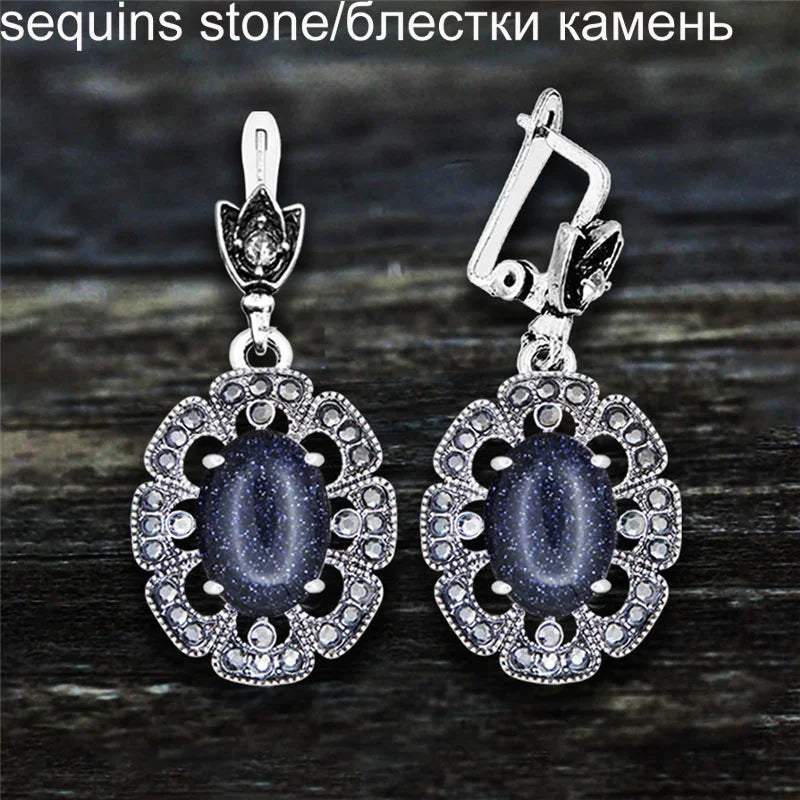 Vintage Plumflower Natural Jades Quartz Earrings For Women Antique Silver Plated Lapis Lazuli Tiger Eye Stone Fashion Earring - Charlie Dolly