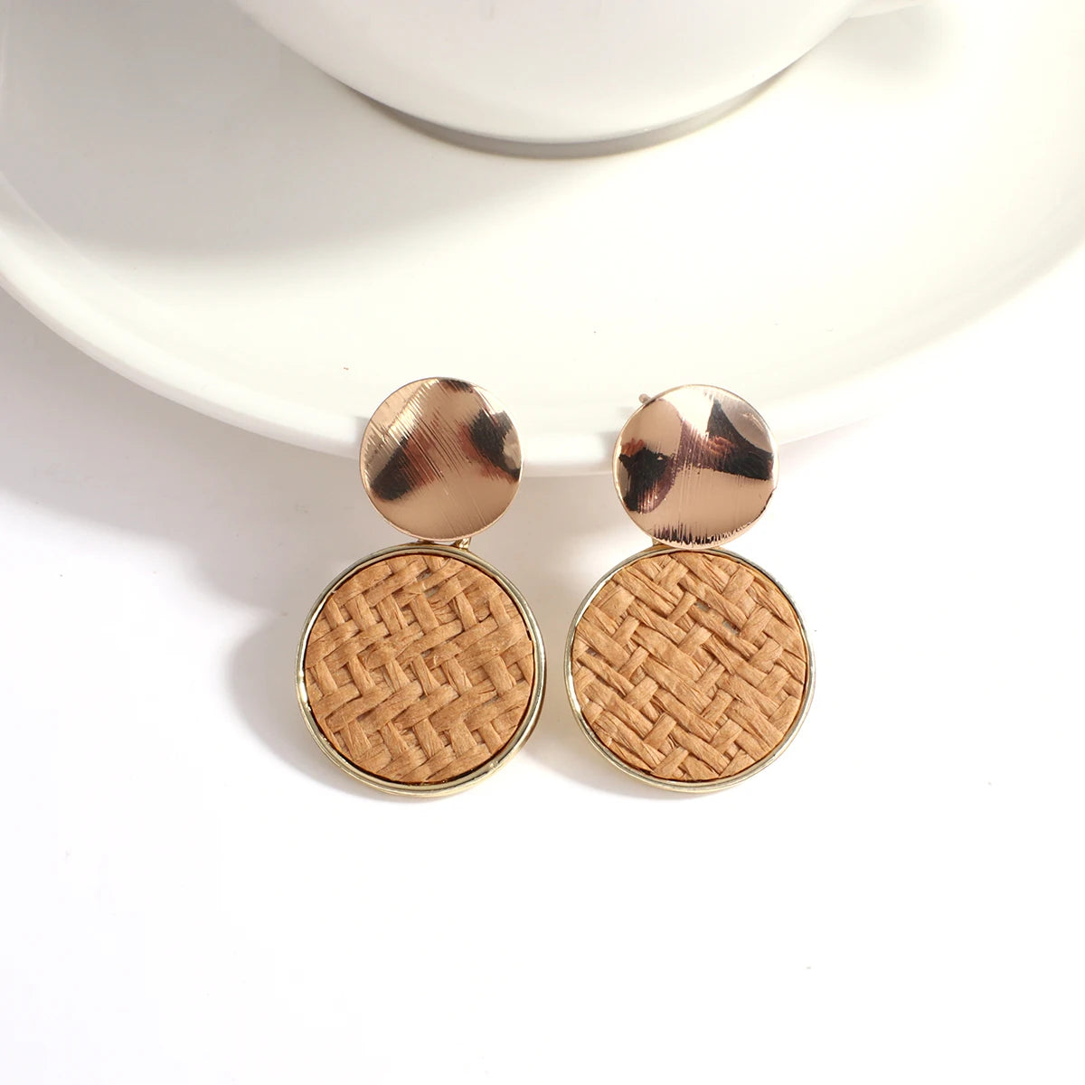 Wooden Rattan Braid Geometric Drop Earrings Jewelry