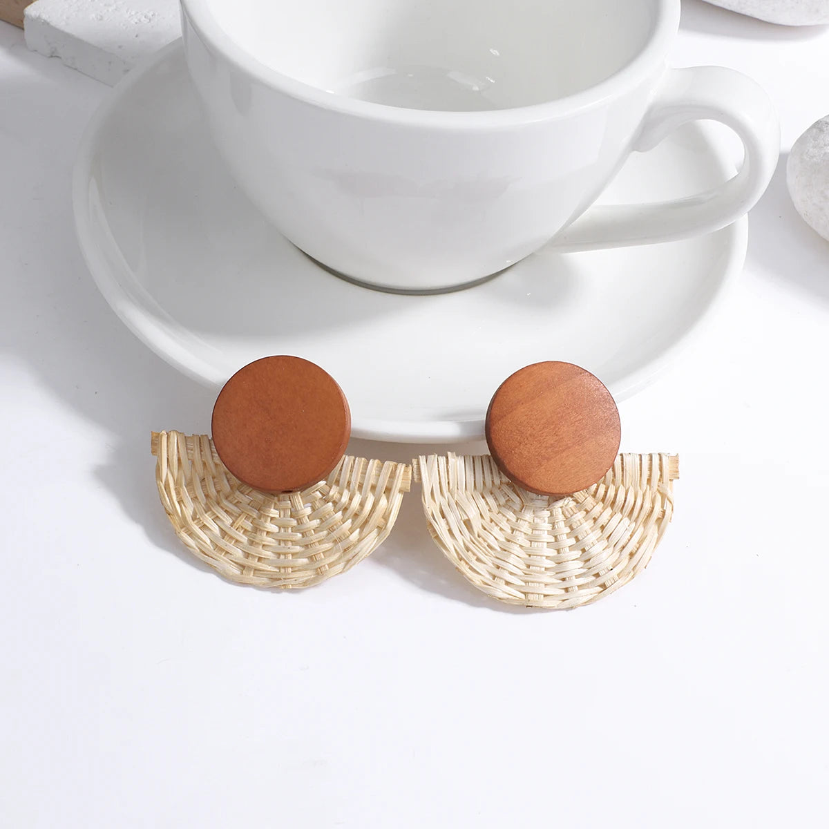 Wooden Rattan Braid Geometric Drop Earrings Jewelry