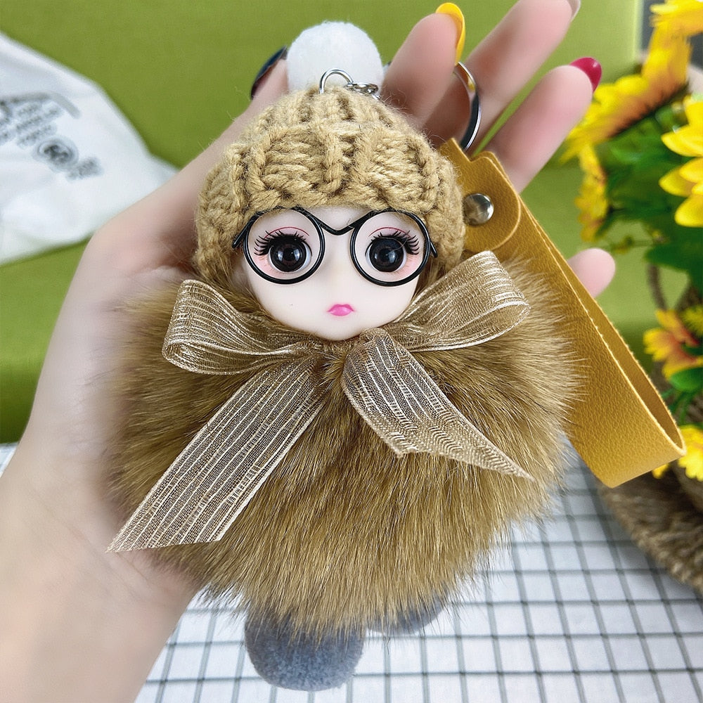 Pompom Sleeping Baby Keychain Cute Fluffy Plush Doll Keychains Women Girl Bags Keyrings Cars Key Ring Gift Charming Decoration