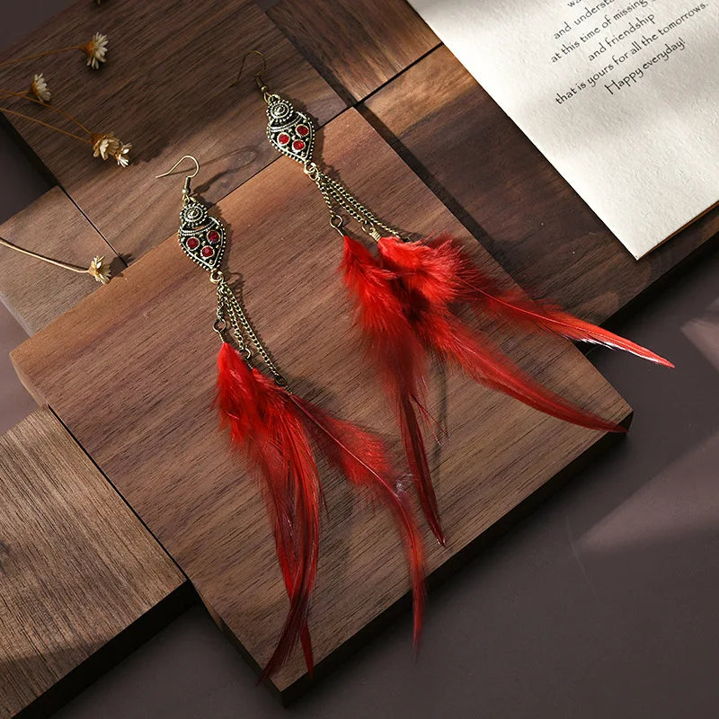 Feather Rhinestone Chain Tassel Long Earrings Jewelry