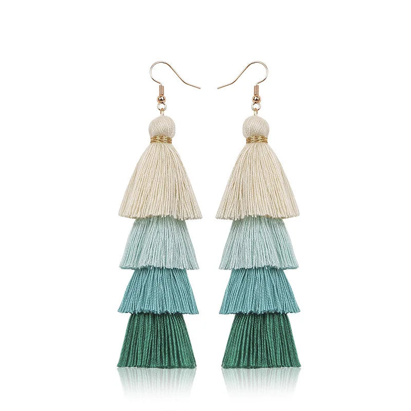 Four Layer Fringe Tassel Statement Earrings Jewelry