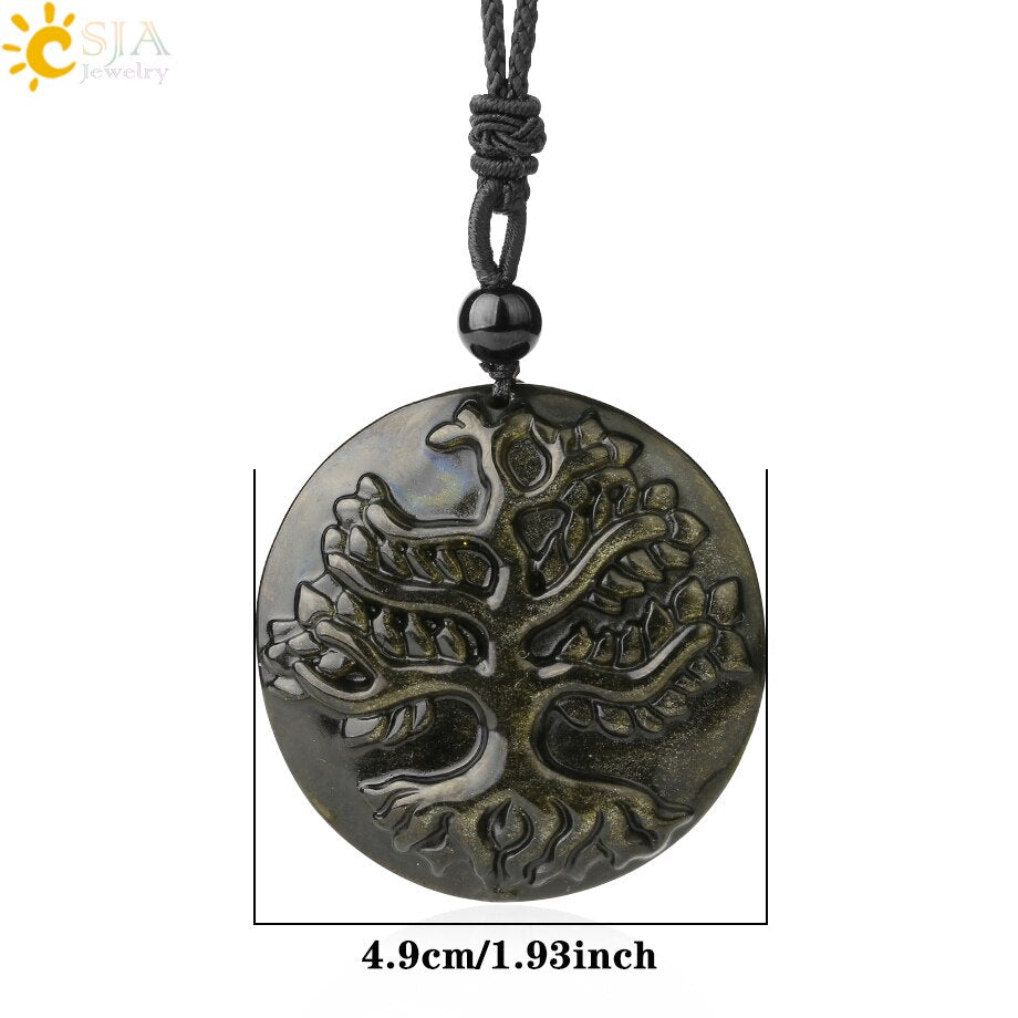 CSJA Obsidian Necklace Natural Stone Wolf Buddha Sculpture Tree of Life Animal Owl Men Necklaces Pendant Meditation Jewelry G644