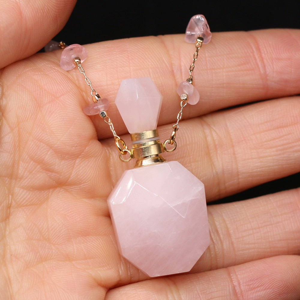 Natural Stone Perfume Bottle Necklace Pink Quartz Pendant Charms For Elegant Women Love Romantic Gift 60 CM