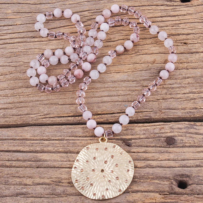 RH Fashion Bohemian Jewelry Natural Stones With Glass Links Crystal Round Pendant Necklaces For Women Boho Gift - Charlie Dolly