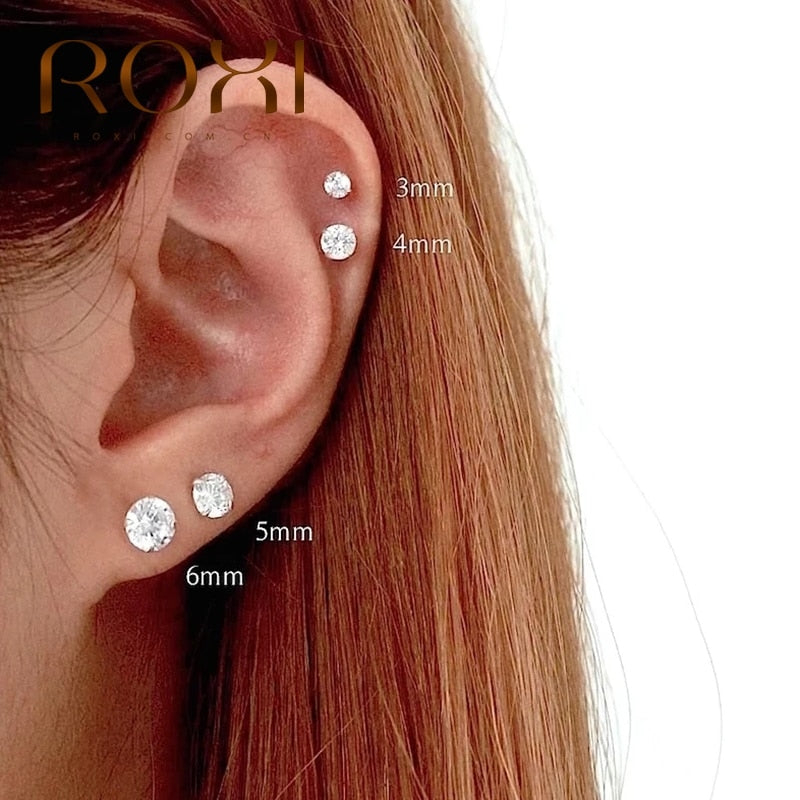 ROXI 3PCS 2/3/4mm 925 Sterling Silver Four-claw Solitaire Piercing Earrings for Women Girls Lovely Round Cartilage Stud Earring