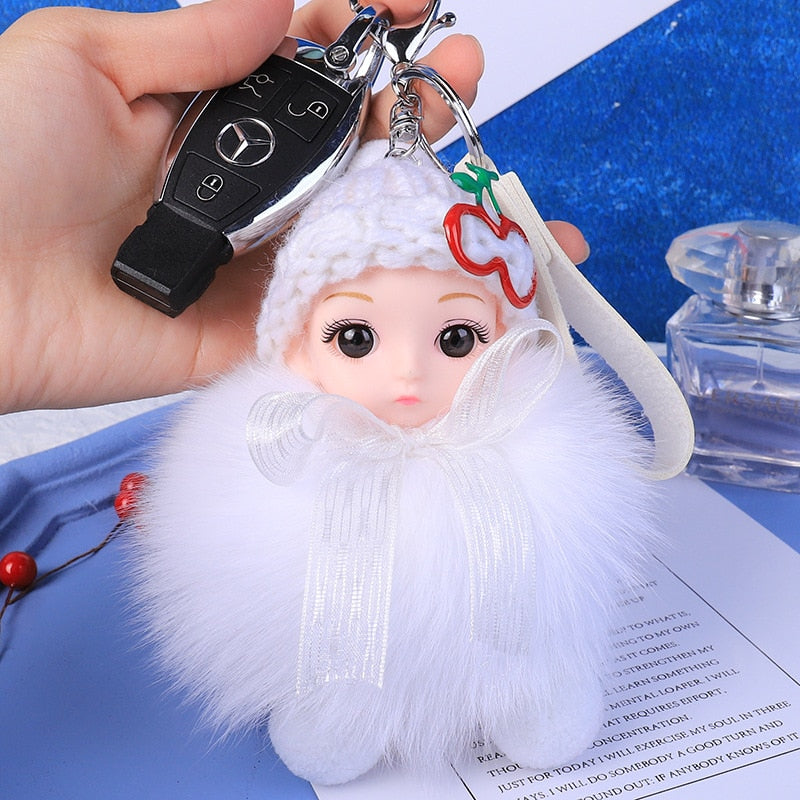 Pompom Sleeping Baby Keychain Cute Fluffy Plush Doll Keychains Women Girl Bags Keyrings Cars Key Ring Gift Charming Decoration