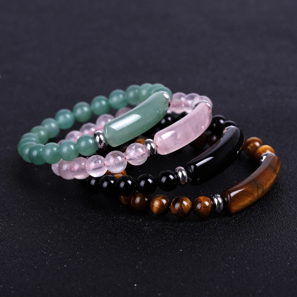 8mm Natural Stone Strand Beads Bracelet Reiki Healing Pink Quartz Aventurine Agates Rose Crystal Rectangle Bar Charms Bracelets