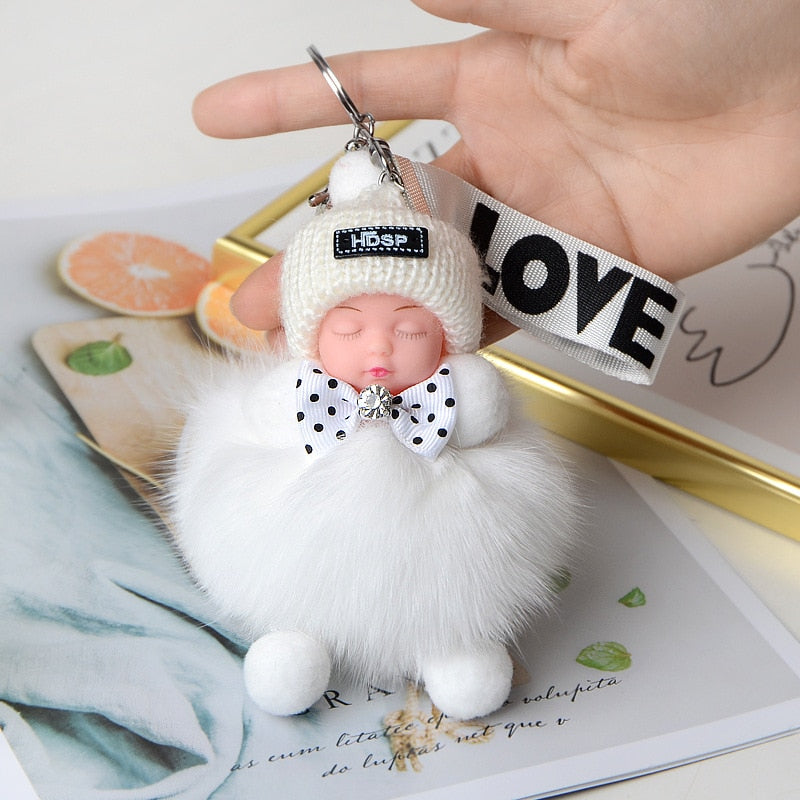 Pompom Sleeping Baby Keychain Cute Fluffy Plush Doll Keychains Women Girl Bags Keyrings Cars Key Ring Gift Charming Decoration