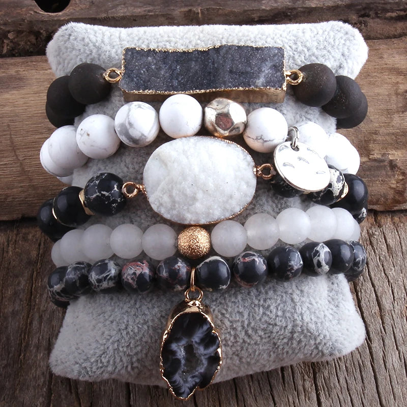 New Designer Boho Beaded Bracelet Set Natural Stone & Druzy 5pc Bracelets Bangles Set For Fashion Jewelry - Charlie Dolly