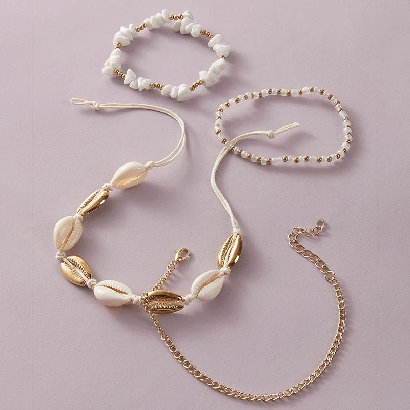 Handmade Shell and Stone Bead Multilayer Boho Anklet Set