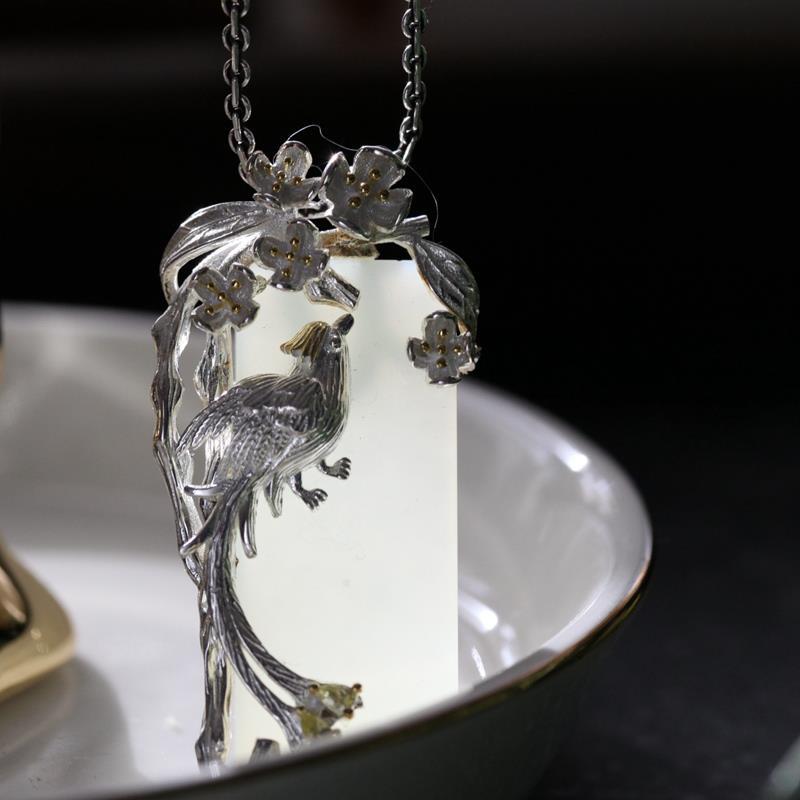 Silver-Inlaid Natural Hetian Jade Phoenix Clavicle Necklace, Ethnic Wedding Talisman