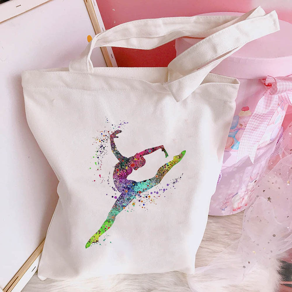 New Women's Casual Canvas Bag Pink Ballet Dance Girl Print Shopping Bag Lady Handbag Reusable Large Capacity Tote Bags