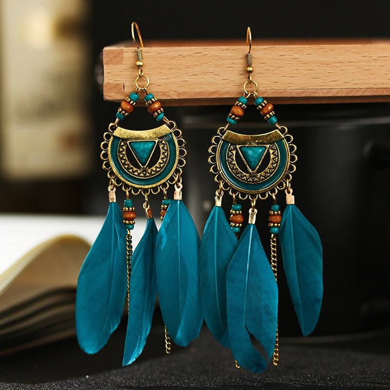 Bohemian White Semicircle Long Feather Tassel Ladies Earrings Women Summer Indian Jewelry Natural Wood Beads Dangle Earrings