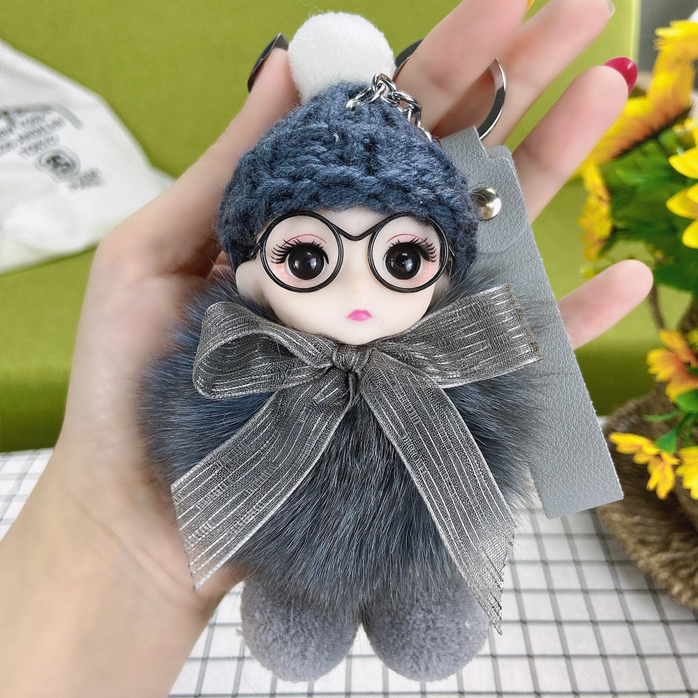 Pompom Sleeping Baby Keychain Cute Fluffy Plush Doll Keychains Women Girl Bags Keyrings Cars Key Ring Gift Charming Decoration