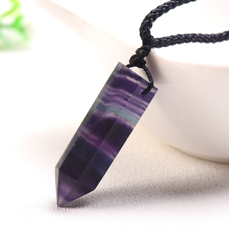 Natural Rainbow Fluorite Necklace Single Point Hexagonal Prism Pendant Striped Crystal Fluorite Necklace Health Energy Stone 1PC
