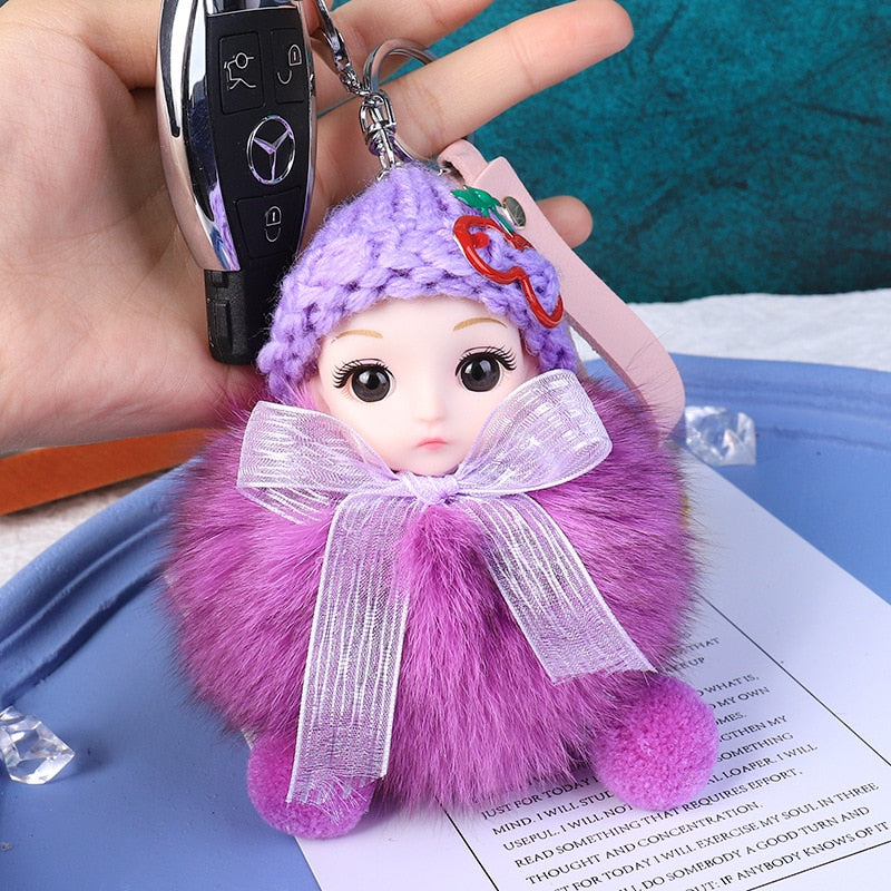 Pompom Sleeping Baby Keychain Cute Fluffy Plush Doll Keychains Women Girl Bags Keyrings Cars Key Ring Gift Charming Decoration