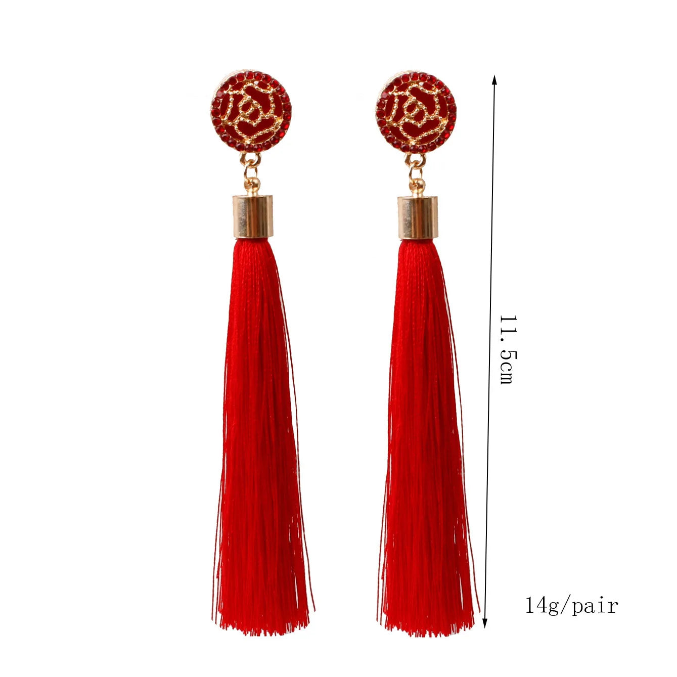 Silk Rose Flower Crystal Long Tassel Earrings Jewelry