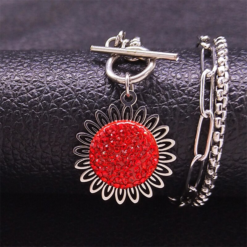 Fashion Sunflower Red Crystal Stainless Steel Chain Necklace Women/Men Bohemian Small Daisy Pearl Chain Collar Jewelry N4905S06