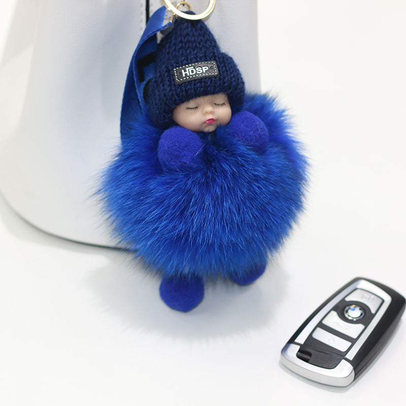Pompom Sleeping Baby Keychain Cute Fluffy Plush Doll Keychains Women Girl Bags Keyrings Cars Key Ring Gift Charming Decoration
