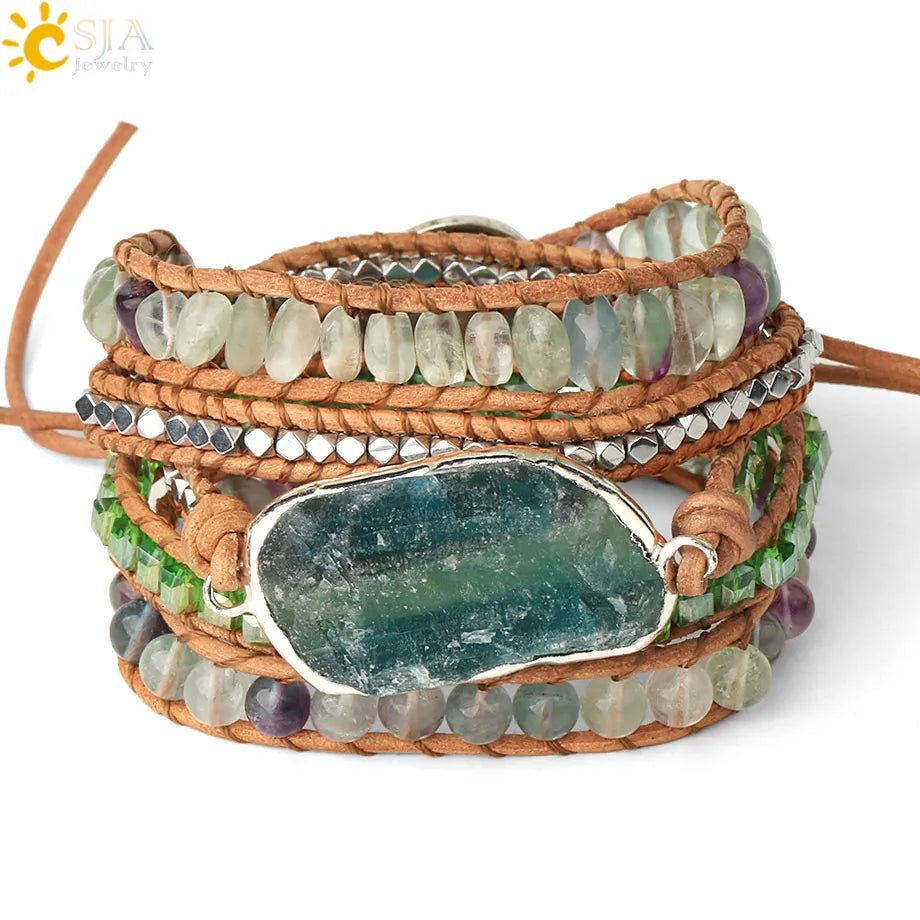 CSJA Natural Stone Bracelets Green Fluorite Crystal Aventurine Bead Leather Wrap Bracelet Multilayer Boho Jewelry Pulseira G118 - Charlie Dolly