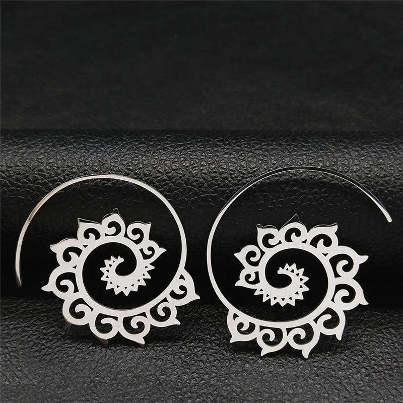 Mandala Spiral Steel Hoop Earrings Jewelry