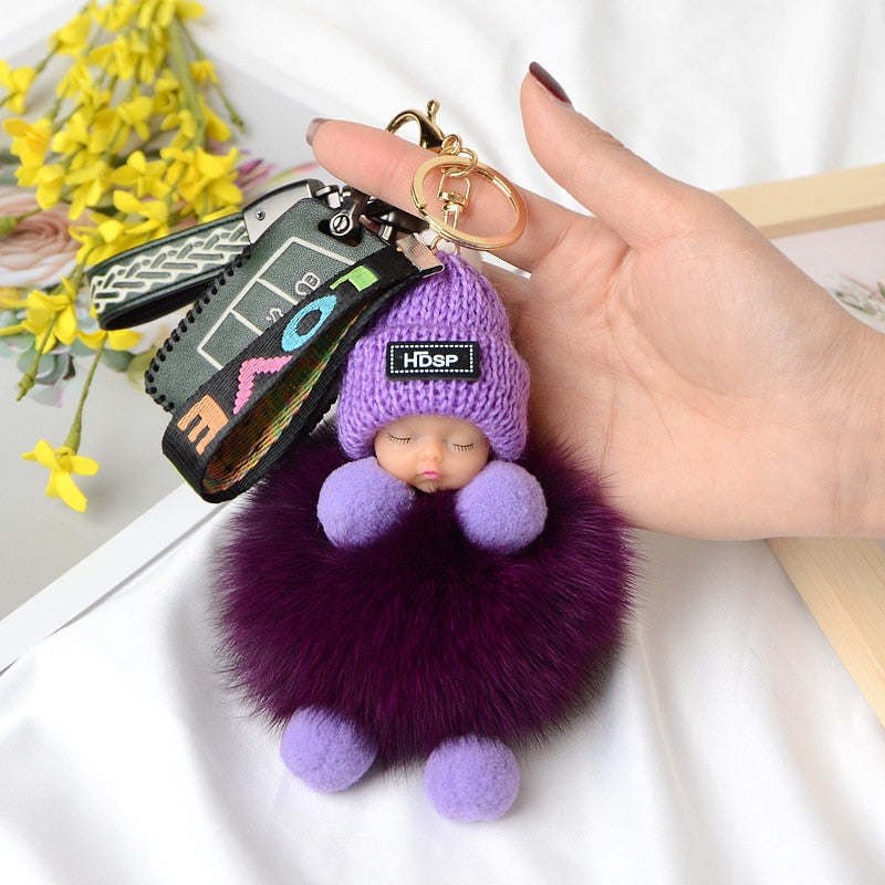 Pompom Sleeping Baby Keychain Cute Fluffy Plush Doll Keychains Women Girl Bags Keyrings Cars Key Ring Gift Charming Decoration