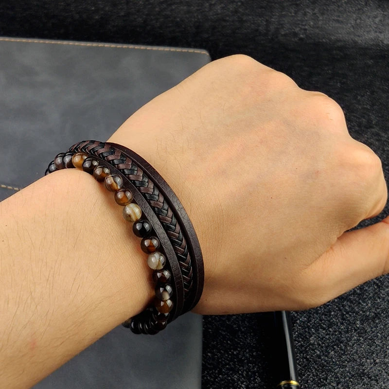 Boho Jewelry Beads Leather Charm Bracelet for Men Women Stainless Steel Natural Stone Rosary love Bracelet Bangle Gift Wholesal - Charlie Dolly