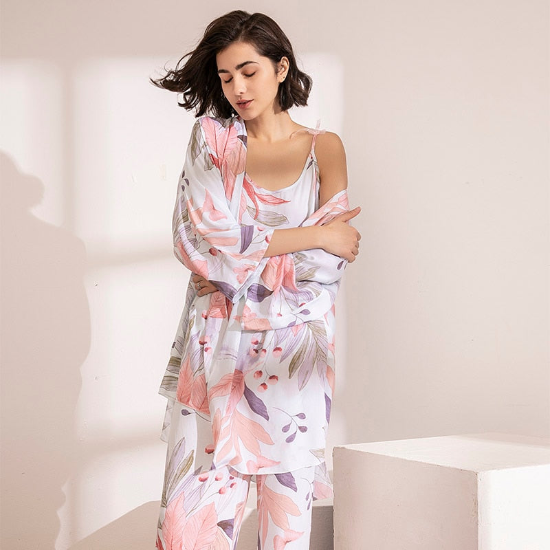 HOT SELLING 3Pcs Soft Pajama Set For SPRING & FALL Ladies Sleepwear Floral Printed Pink Leaves Cardigan+Camisole+Pants Homewear