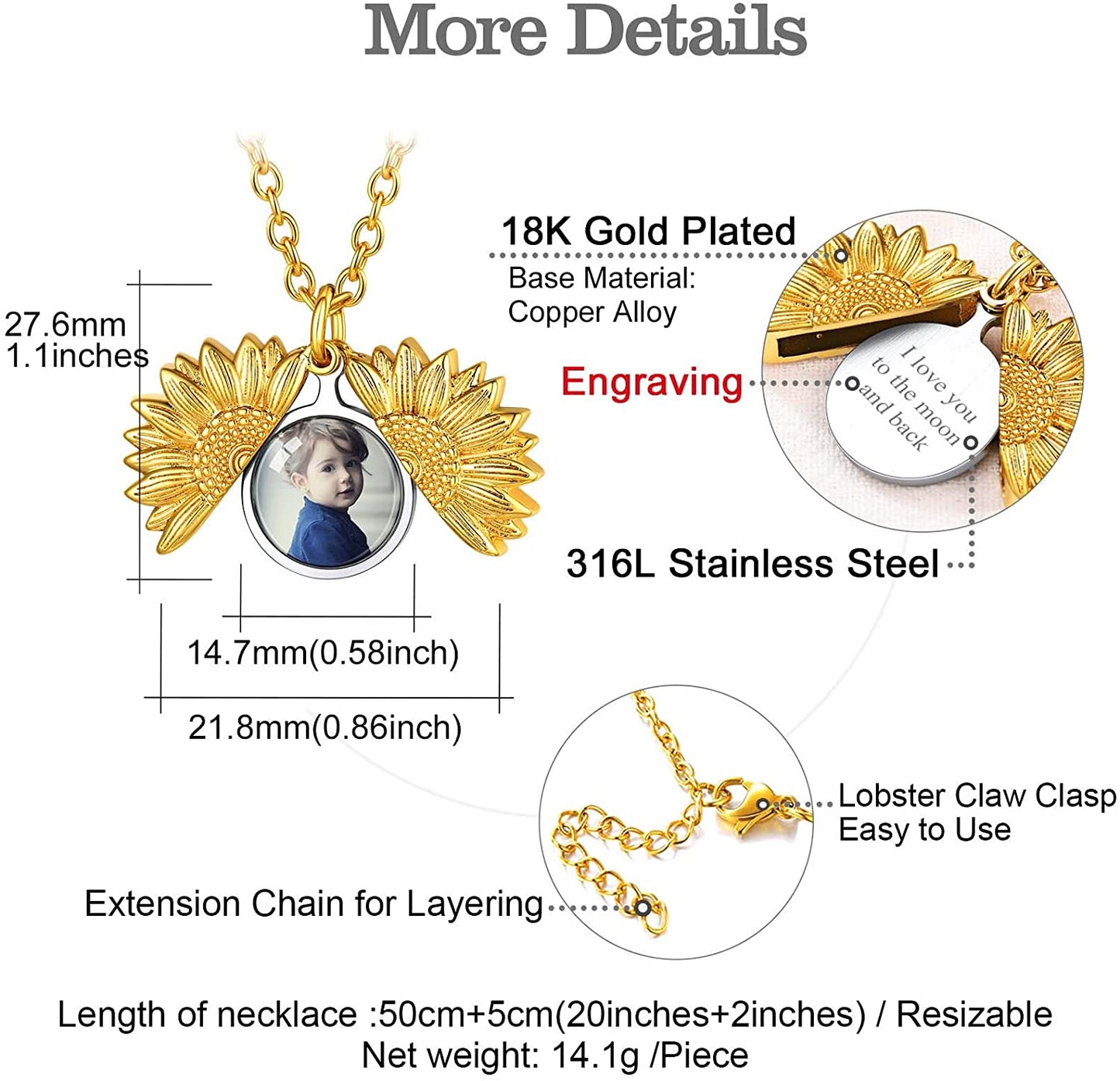 U7 Picture Sunflower Locket for Women Customized Photo Memory Locket Necklace