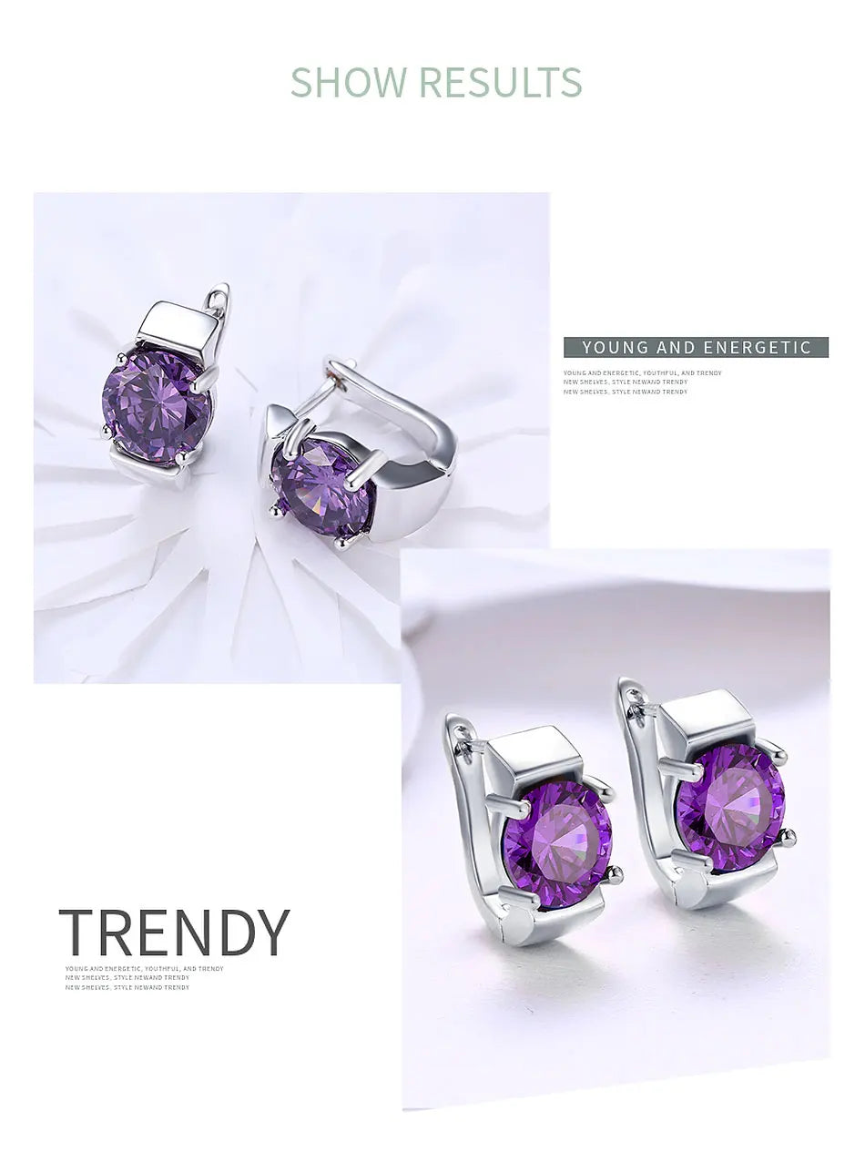 925 Silver Amethyst Hoop Earrings, Colorful Gemstone Wedding Jewelry