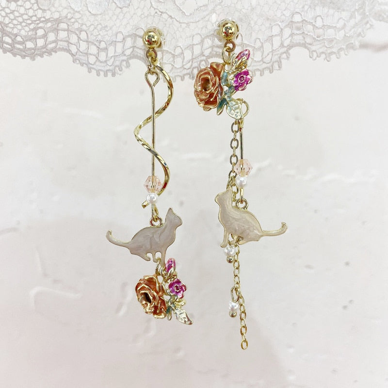 MENGJIQIAO New Elegant Metal Flower Cute Cat Dangle Earrings For Women Brincos Temperament pendientes mujer Holiday Jewelry