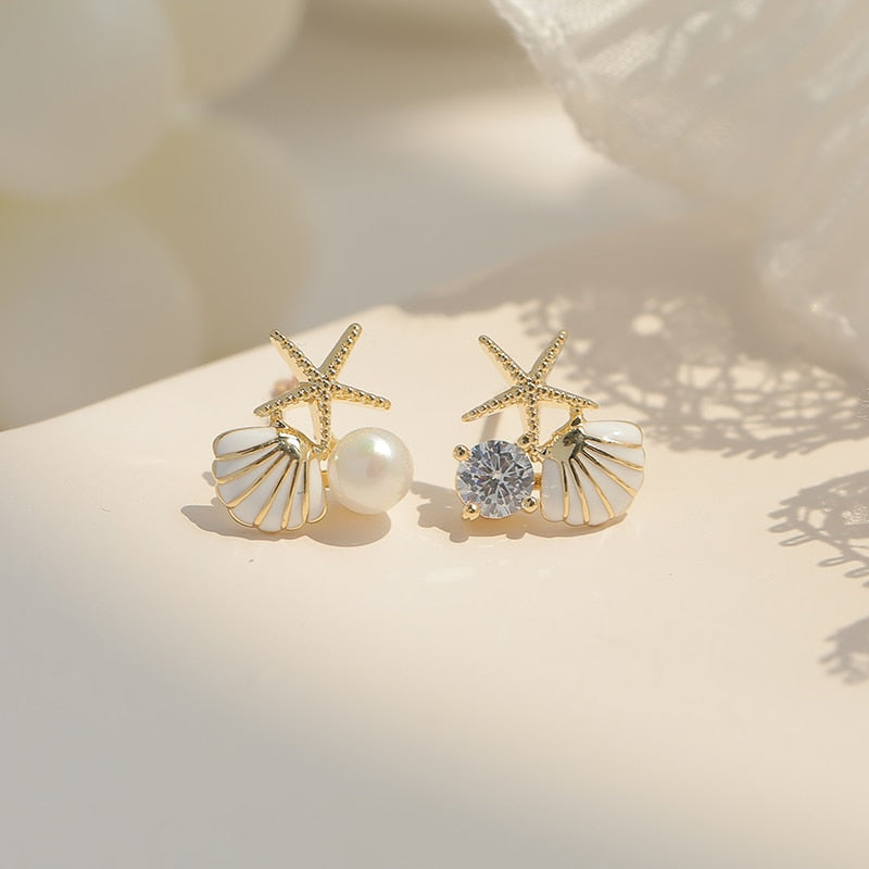 Starfish Shell Stud Earrings for Women Small Cute Earrings with Imitation Pearl Fashion Banquet Wedding Jewelry