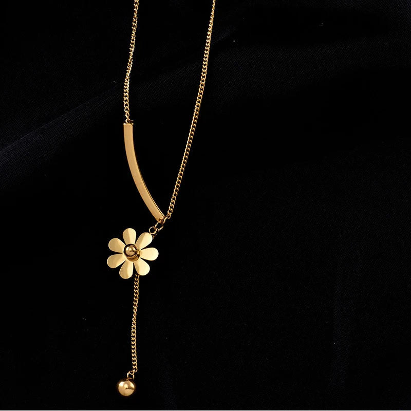 Stainless Steel Long Flower Pendant Necklace, Vintage Blooming Clavicle Chain