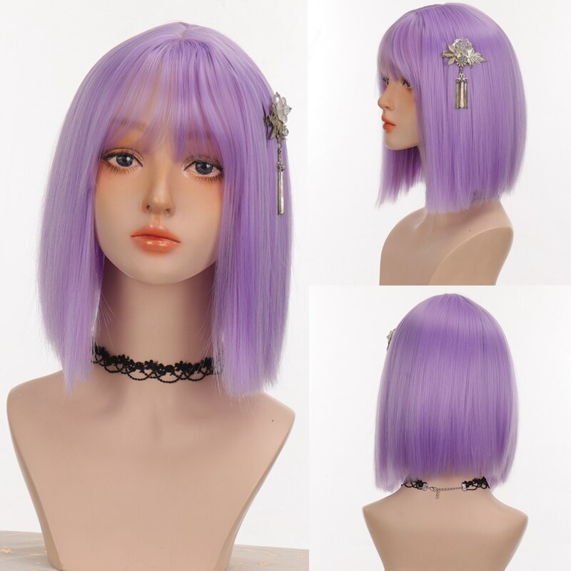 LANLAN synthetic black, pink Lolita wig short straight bob cosplay wig for white/black women heat-resistant hair wig