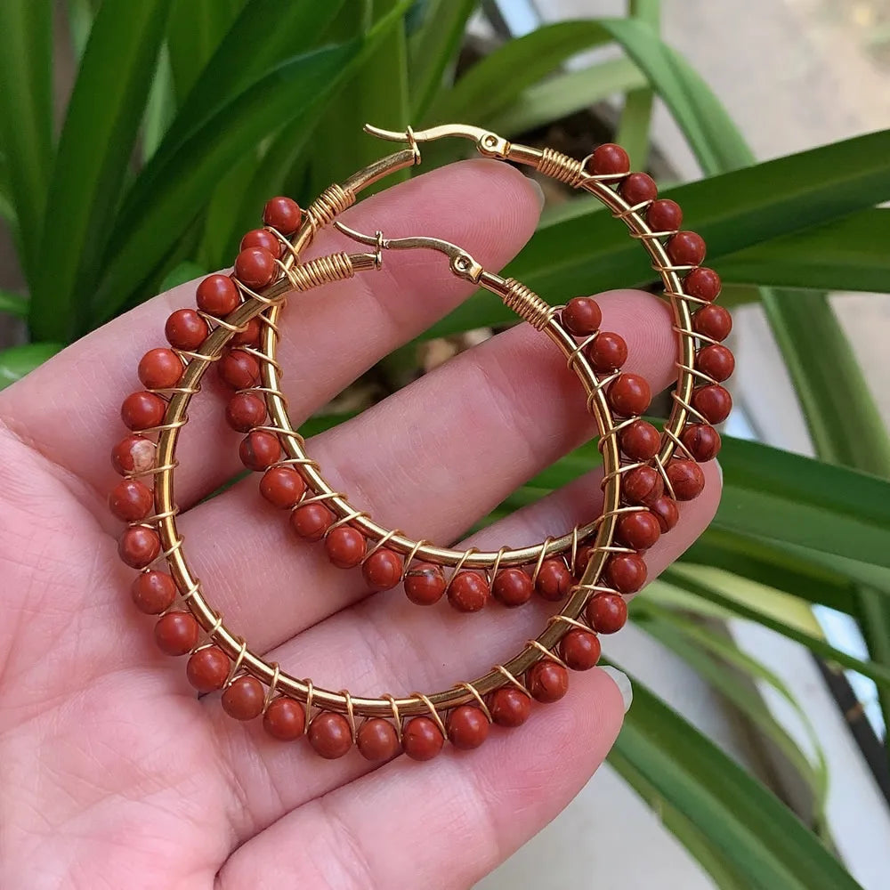 50mm Large Natural Stone Earrings for Women Ear Ring Agates Crystal Gold Plated Stainless Steel Circle Hoop Earring Boho Jewelry - Charlie Dolly