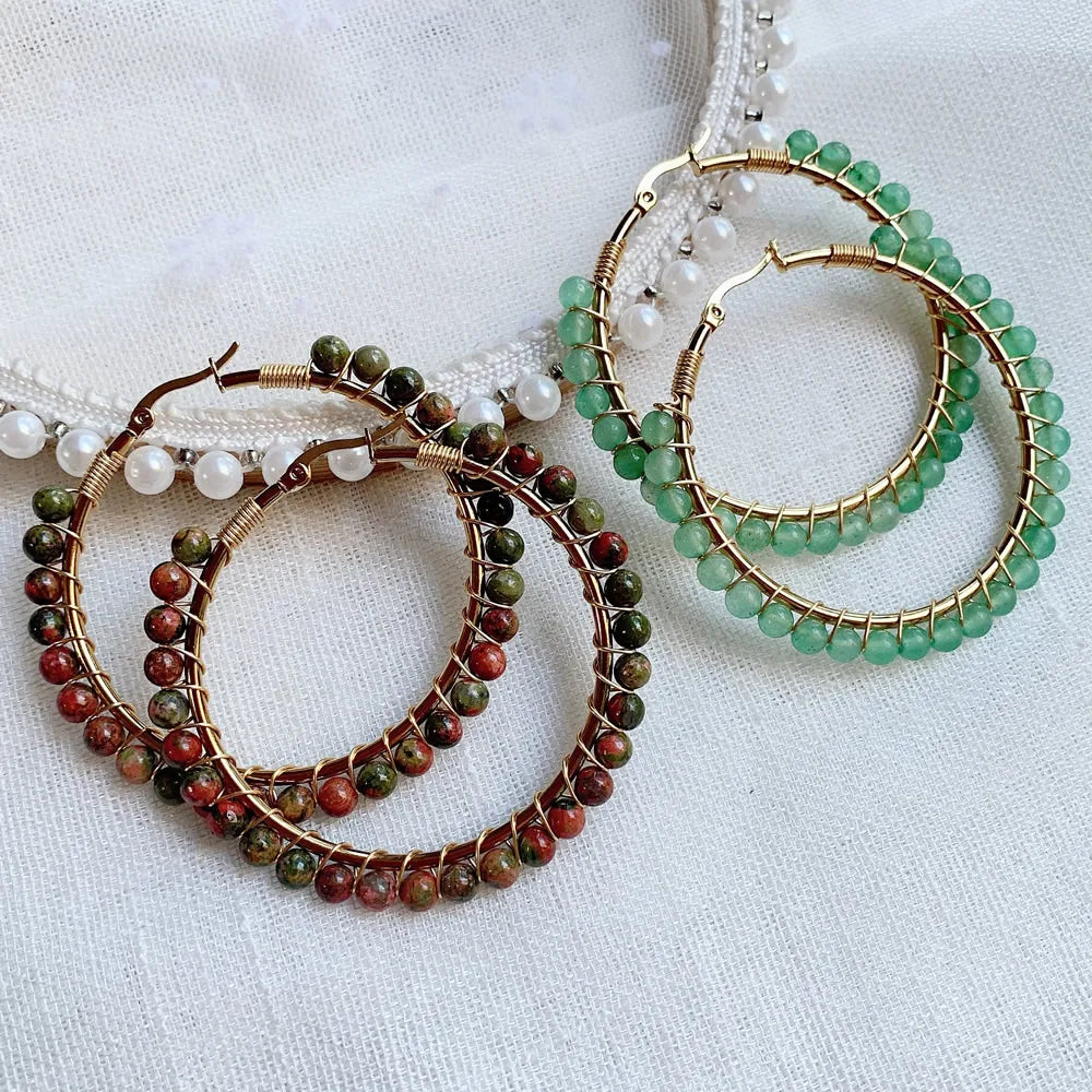 50mm Large Natural Stone Earrings for Women Ear Ring Agates Crystal Gold Plated Stainless Steel Circle Hoop Earring Boho Jewelry - Charlie Dolly