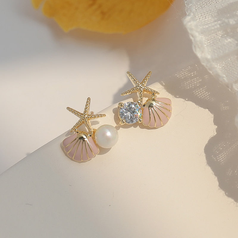 Starfish Shell Stud Earrings for Women Small Cute Earrings with Imitation Pearl Fashion Banquet Wedding Jewelry