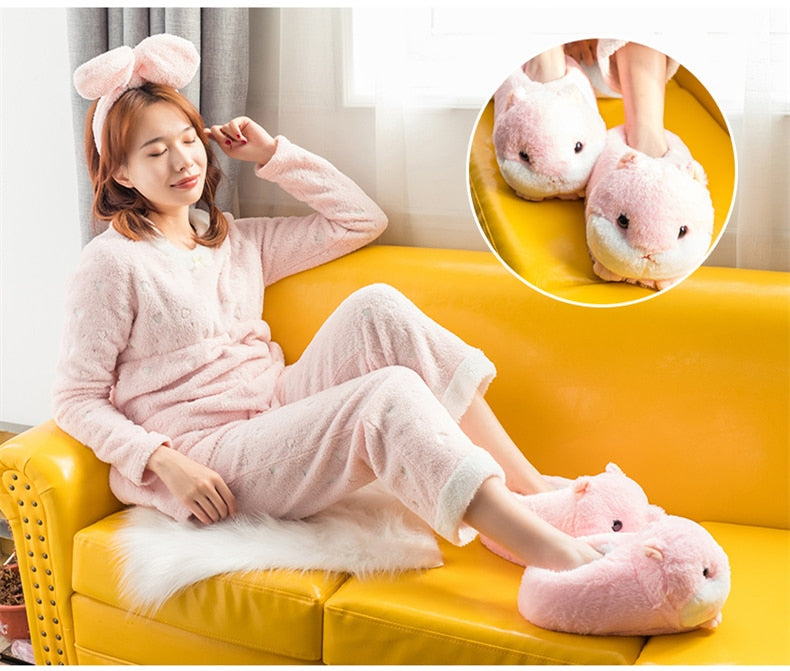 Winter Slippers Kawaii Women Flip Flop Color Hamster Pink Brown Hamster Warm Home Slippers Home Floor Non-slip Cartoon Slippers
