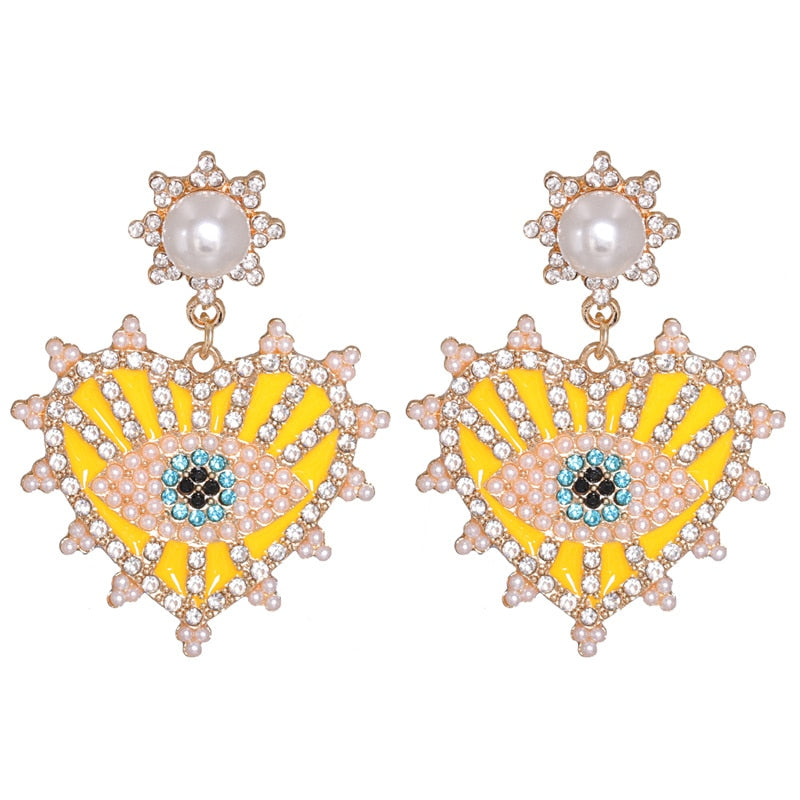 JUJIA Trendy Ethnic Love Heart Shape Evil Eye Drop Earrings For Women Vintage Statement Crystal Dangle Earring Jewelry Gift