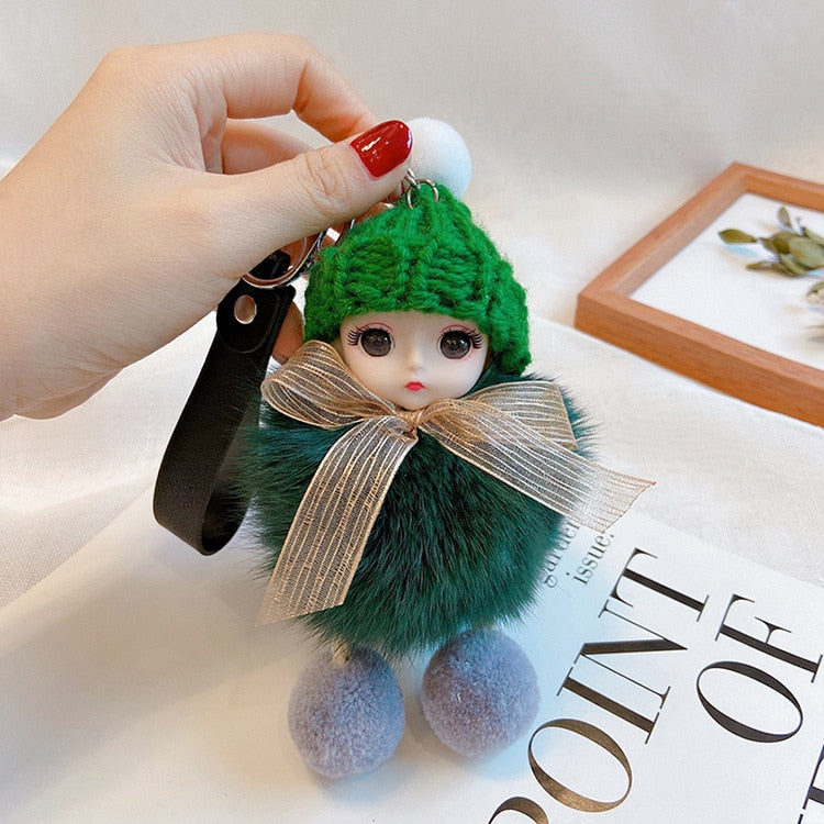 Pompom Sleeping Baby Keychain Cute Fluffy Plush Doll Keychains Women Girl Bags Keyrings Cars Key Ring Gift Charming Decoration