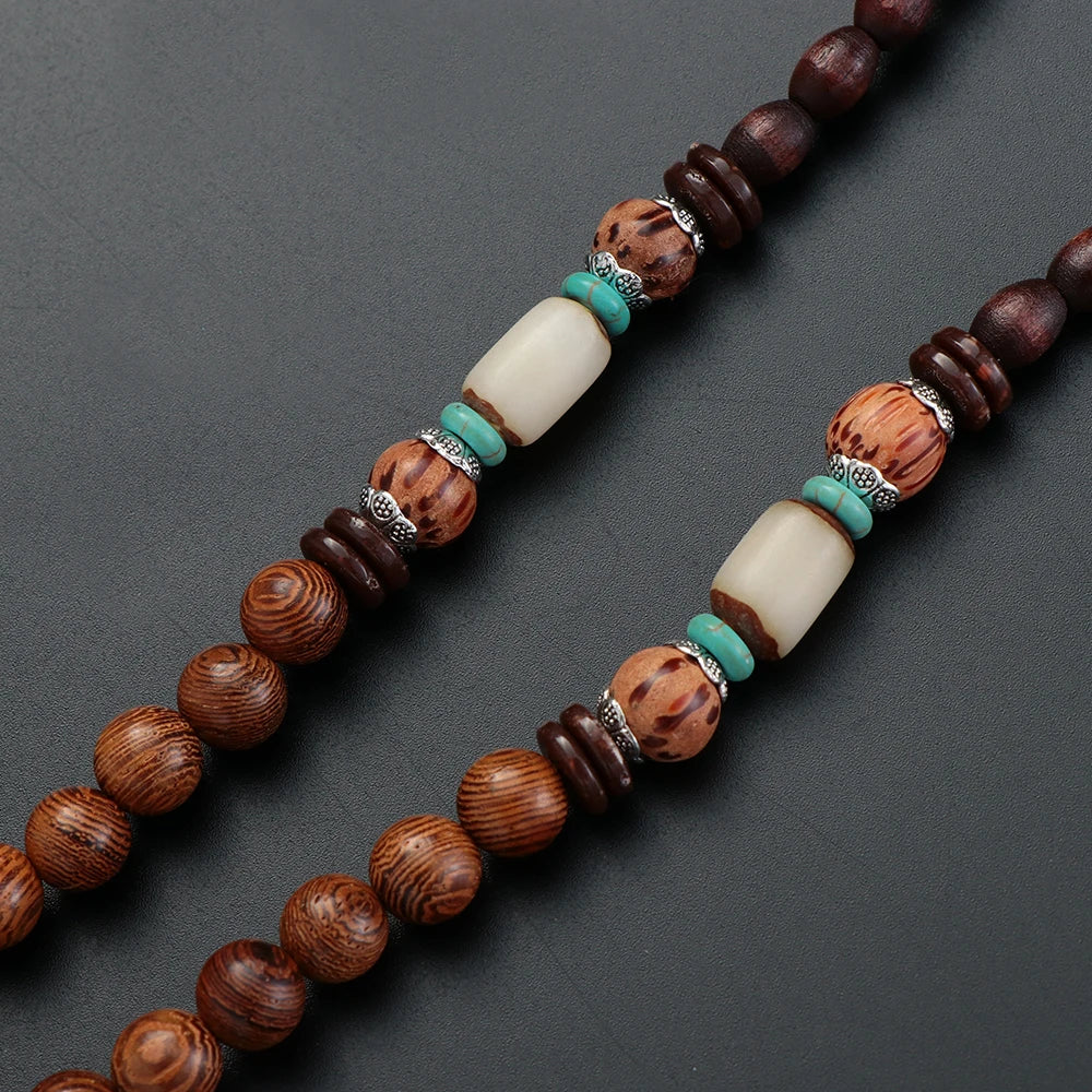 Nepal Wood Bead Pendant Long Necklace Jewelry