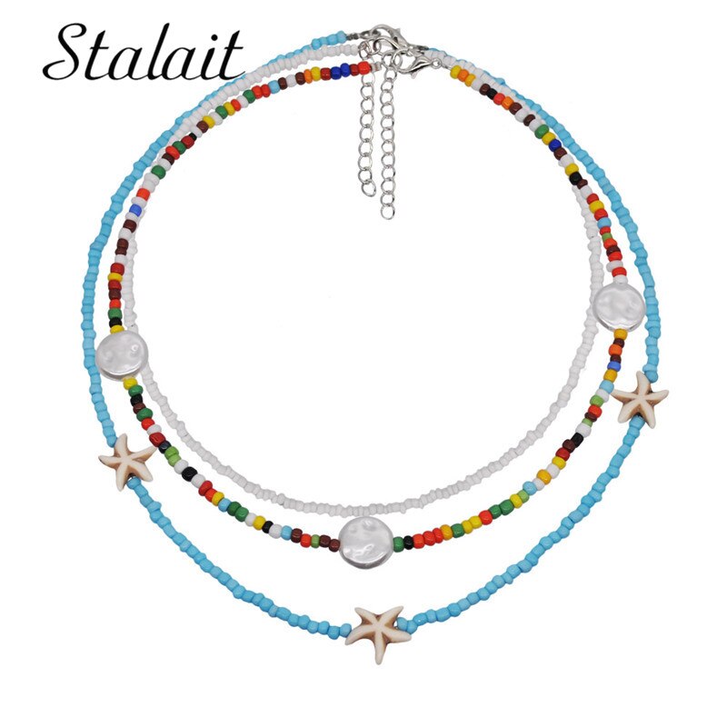3 PCS OFF 10% Bohemian Colorful Seed Beads Necklace Long Horn Pendant Starfish Multi-layer Pearl Necklace Set For Women Jewelry